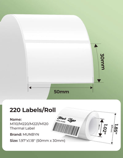 Rectangle label printed on MUNBYN label printer paper, measuring 1.97 by 1.18 inches, with a red design on white background.