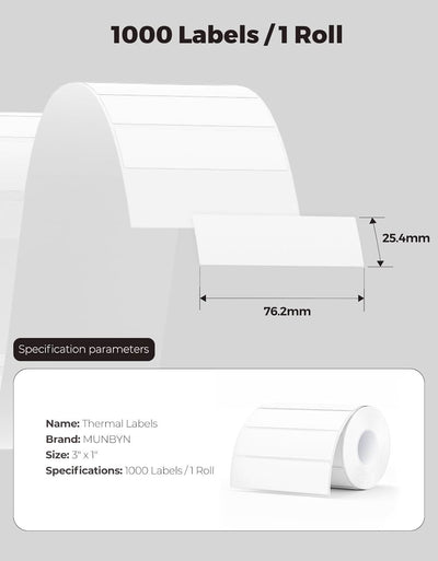 Rectangular MUNBYN label printer paper sheets, 3x1 inches, showing white labels on a sheet for office or shipping use.
