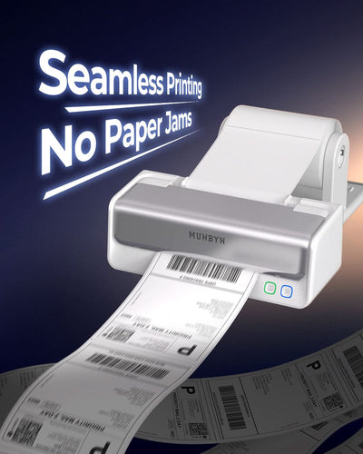 MUNBYN Test RealWriter 405B thermal label printer with compact design and control panel, ready for label printing tasks.