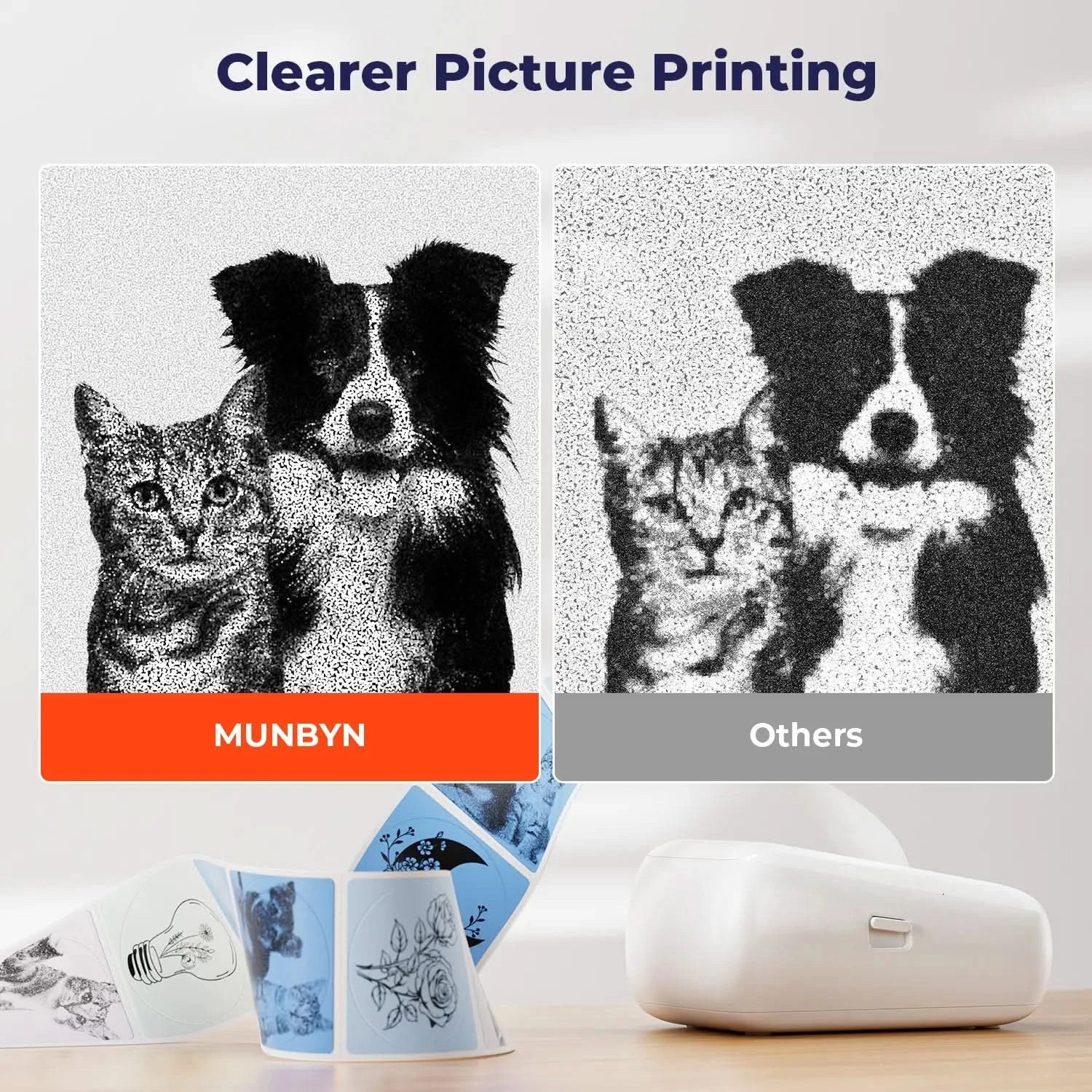 MUNBYN FM226 thermal label printer printing a label, compact thermal printer for shipping and barcode labels.