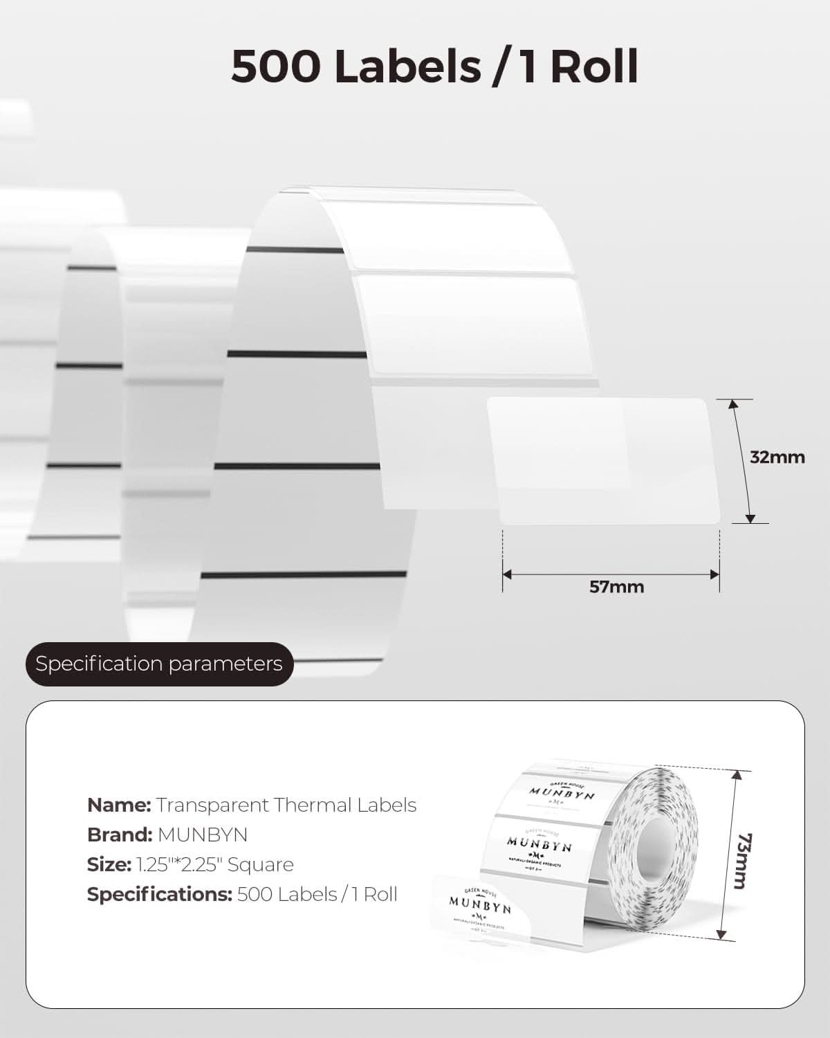 MUNBYN 2.25"x1.25" Transparent Rectangle Labels (500/Roll)
