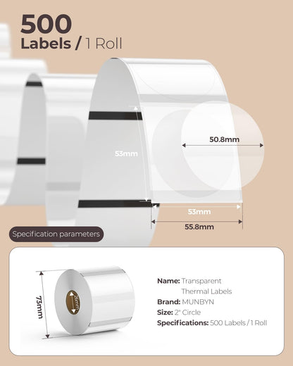 MUNBYN 2" Transparent Round Thermal Labels (500/Roll)