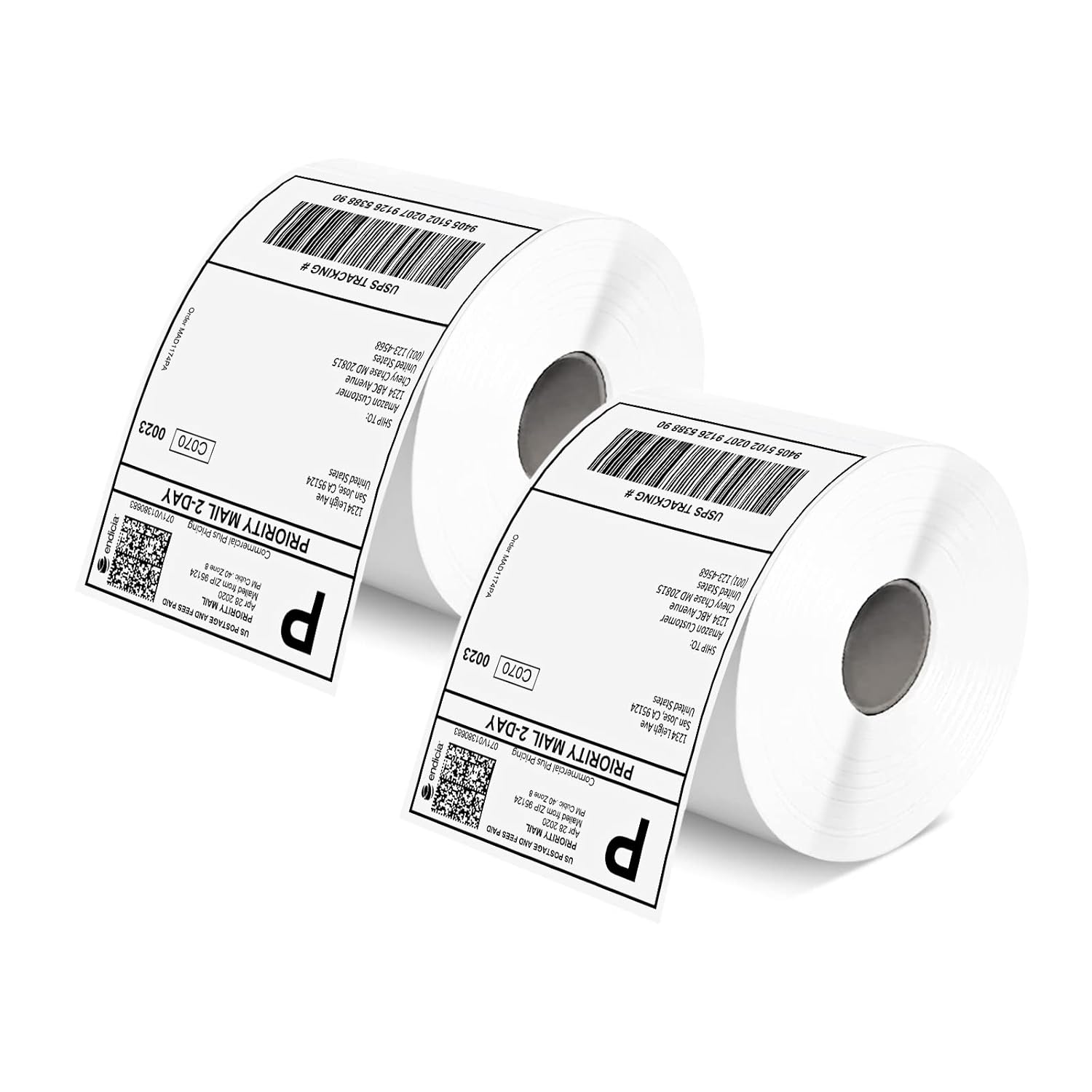 MUNBYN 4x6 shipping labels printed on label printer paper, showing white adhesive labels with black text on a plain background