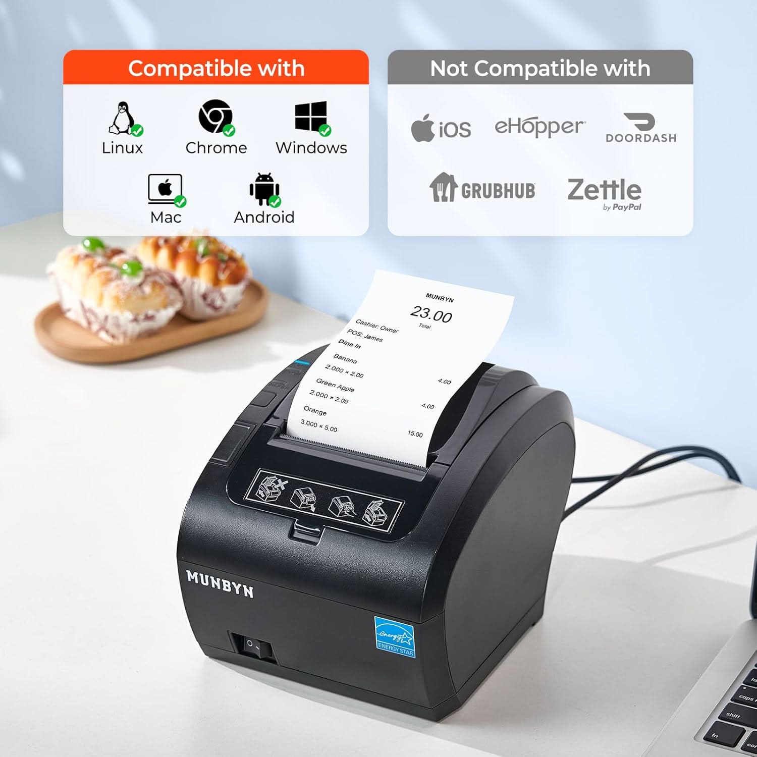 MUNBYN P047 Black Bluetooth Thermal Receipt Printer 80mm POS Printer - MUNBYN