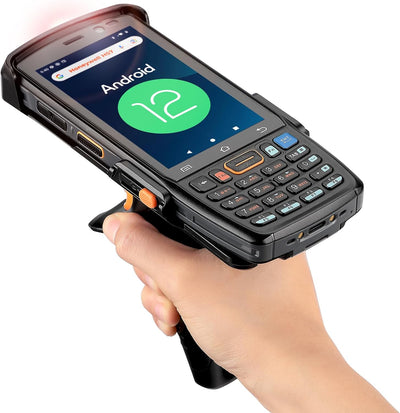 MUNBYN IPDA100P Android barcode scanner with ergonomic handle and scanning window, ready for retail or warehouse use.