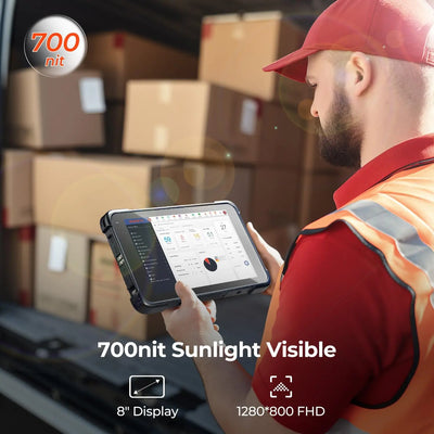 MUNBYN IRT01P Windows scanner tablet displaying barcode scanning interface with a sleek black design and touchscreen.