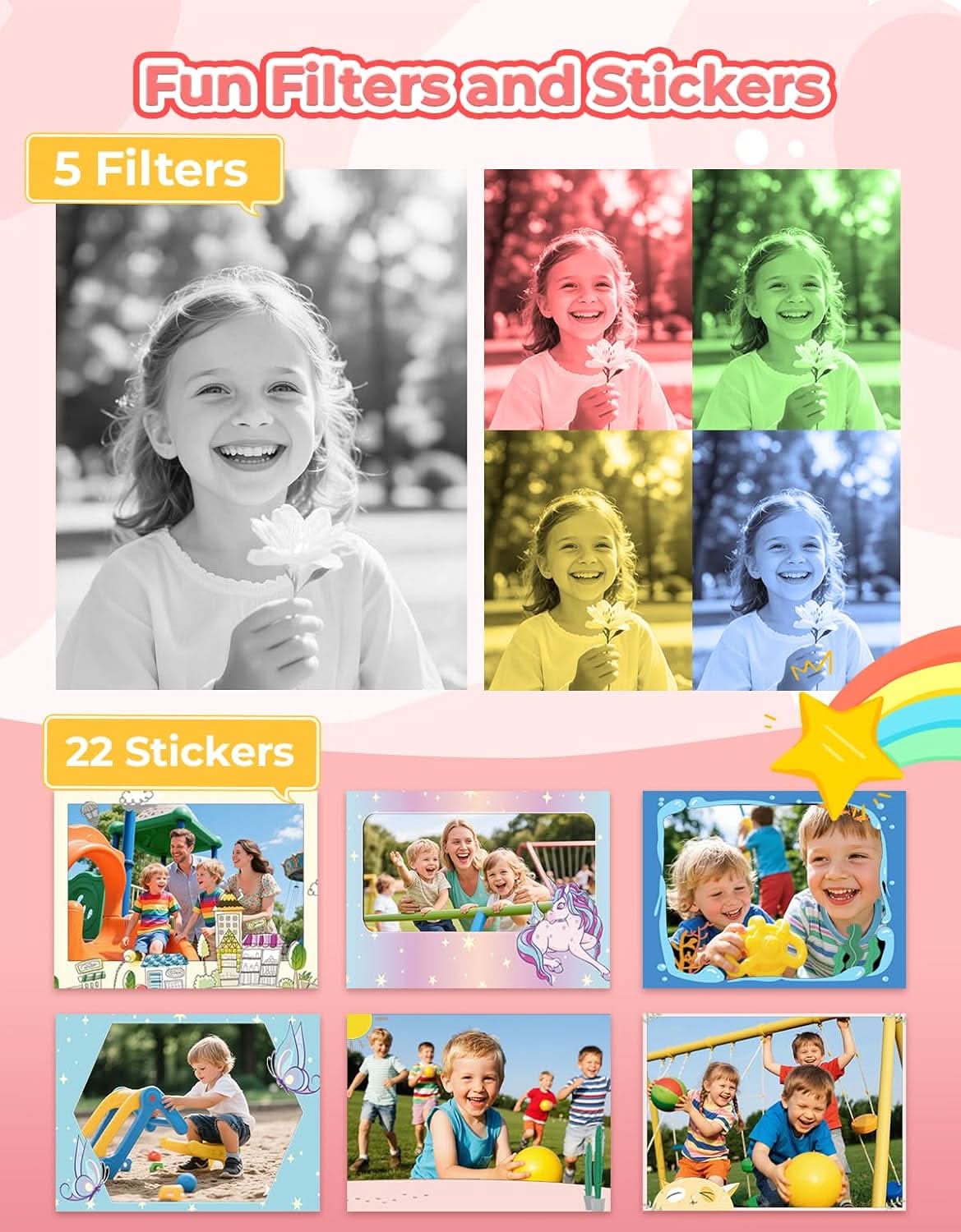 MUNBYN Kids Instant Print Camera 4-Color Thermal Printer