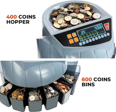 MUNBYN IMC10 money counter machine counting stacks of cash with digital display and compact design.