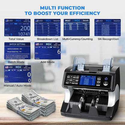 MUNBYN Refurbished IMC01 Bank Grade Money Counter Machine Mixed Denomination, Serial Number, MUL Currency, Printer Compatible, 2CIS/UV/IR/MG/MT Counterfeit Detection Bill Value Counter (Black)