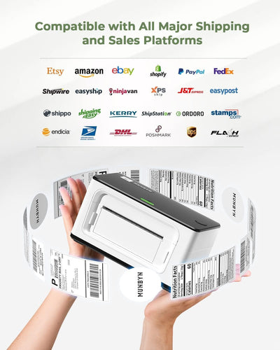 MUNBYN RealWriter 941B thermal label printer with white finish, compact design, and paper feed area visible.