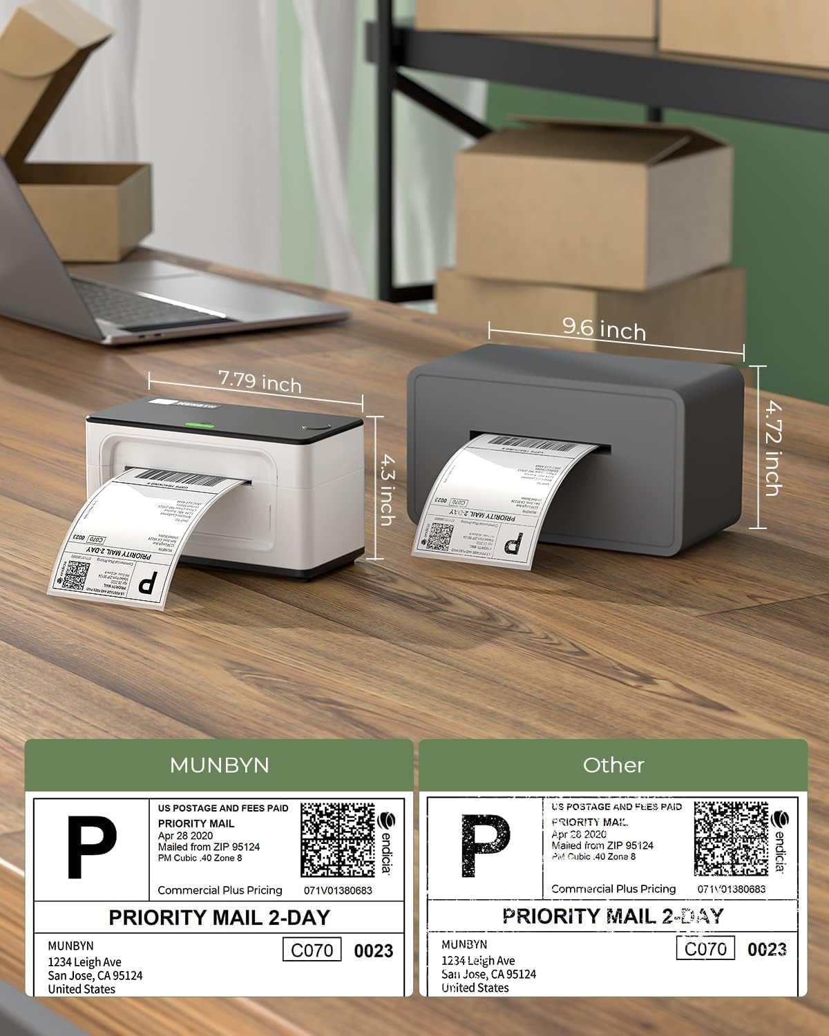 MUNBYN RealWriter 941B thermal label printer with white finish, compact design and paper feed slot for printing labels.