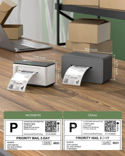 MUNBYN RealWriter 941B thermal label printer with white finish, compact design and paper feed slot for printing labels.