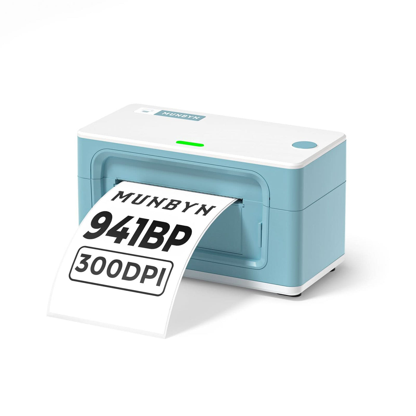 MUNBYN RealWriter 941BP thermal label printer with green casing and 300 DPI resolution