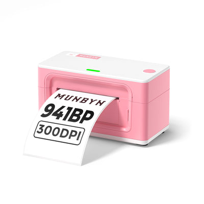 MUNBYN RealWriter 941BP thermal label printer with 300 DPI printing, compact design, and black and pink color for efficient label printing.