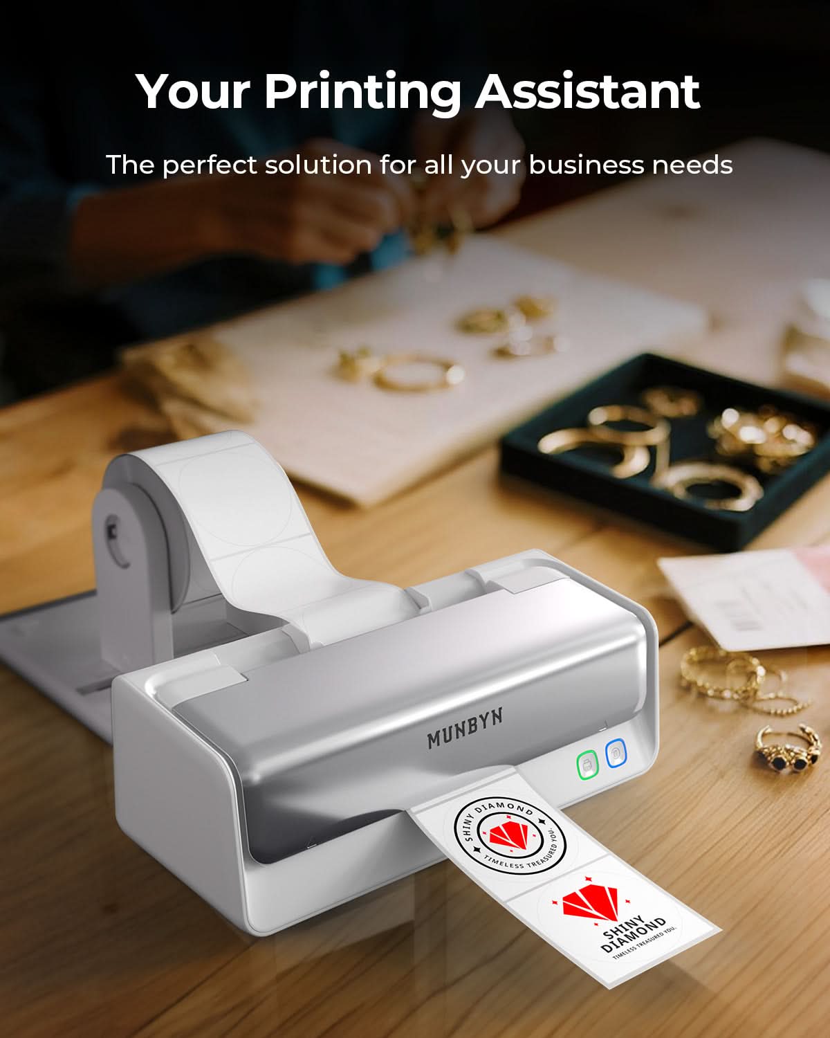 MUNBYN Test RealWriter 405B thermal label printer with black and white design, showing the front view and paper feed.