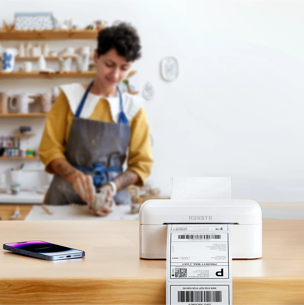 Women in a workshop using a smartphone and munbyn label printer on a counter.