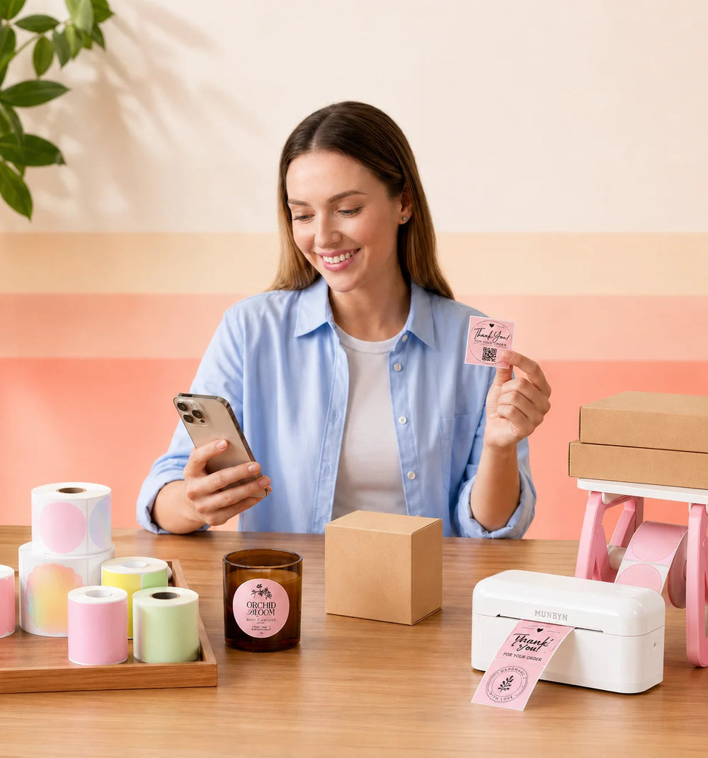 Woman using the Munbyn 402B label printer with a product packaging on a table