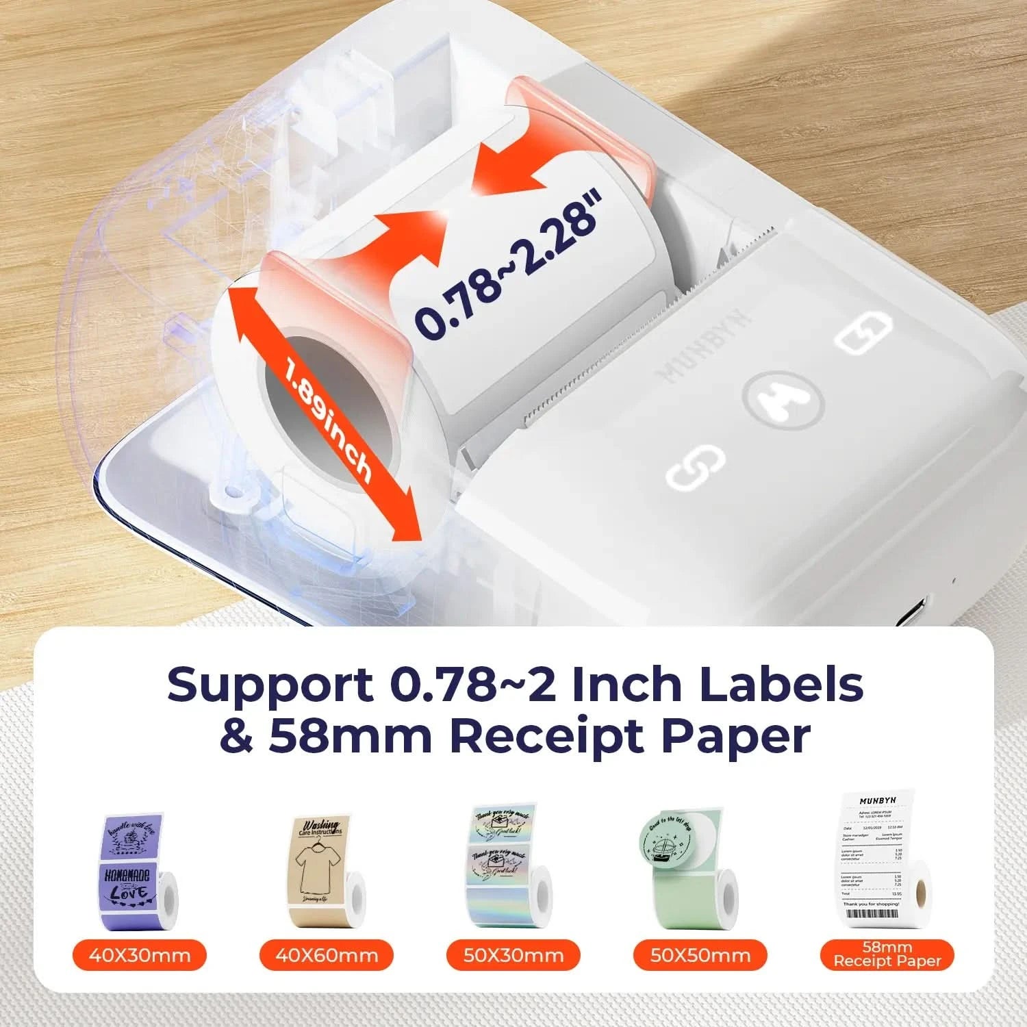 MUNBYN FM226 Bluetooth thermal label printer with a compact design and connected smartphone for printing labels.