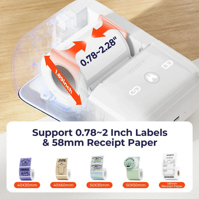 MUNBYN FM226 Bluetooth thermal label printer with a compact design and connected smartphone for printing labels.