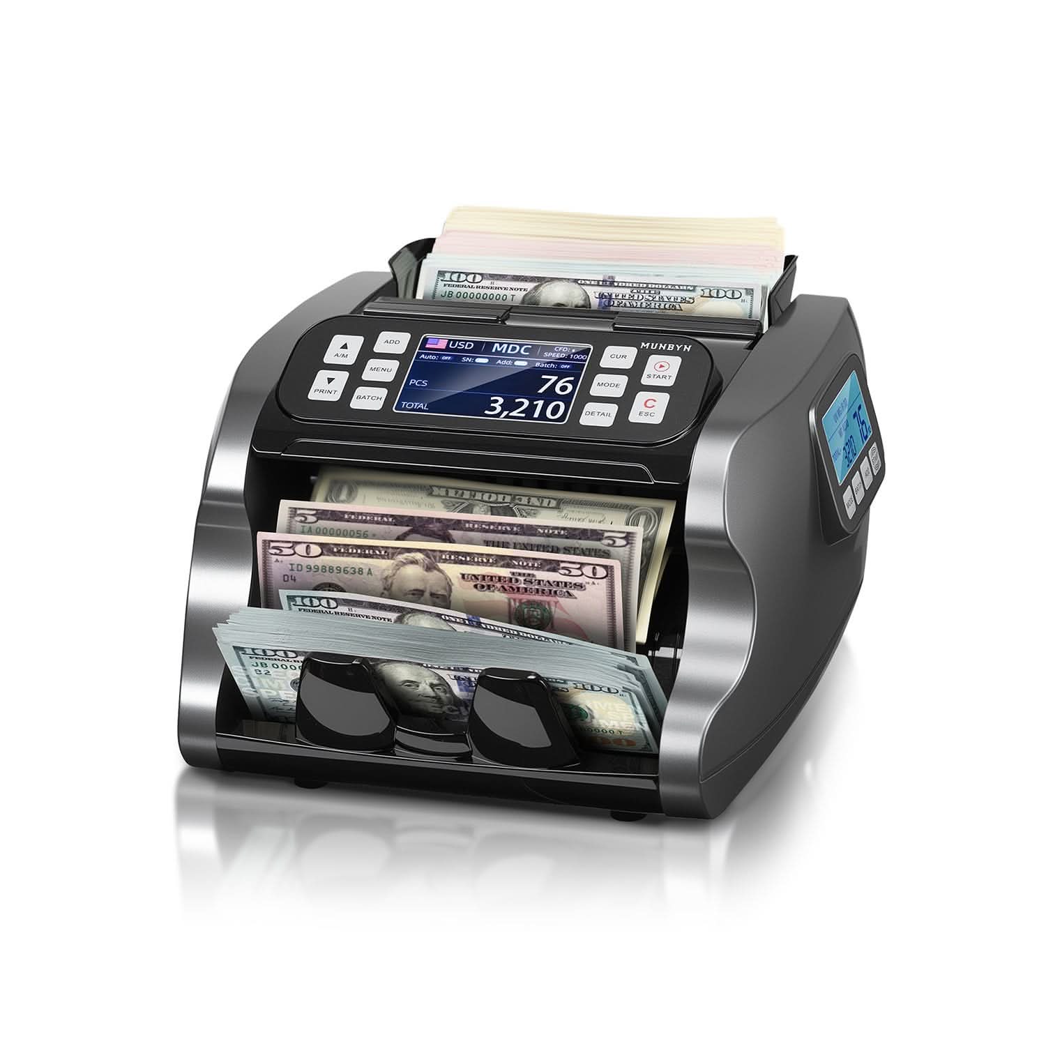 Black MUNBYN IMC22 money counter machine with digital display and compact design, used for counting cash efficiently.
