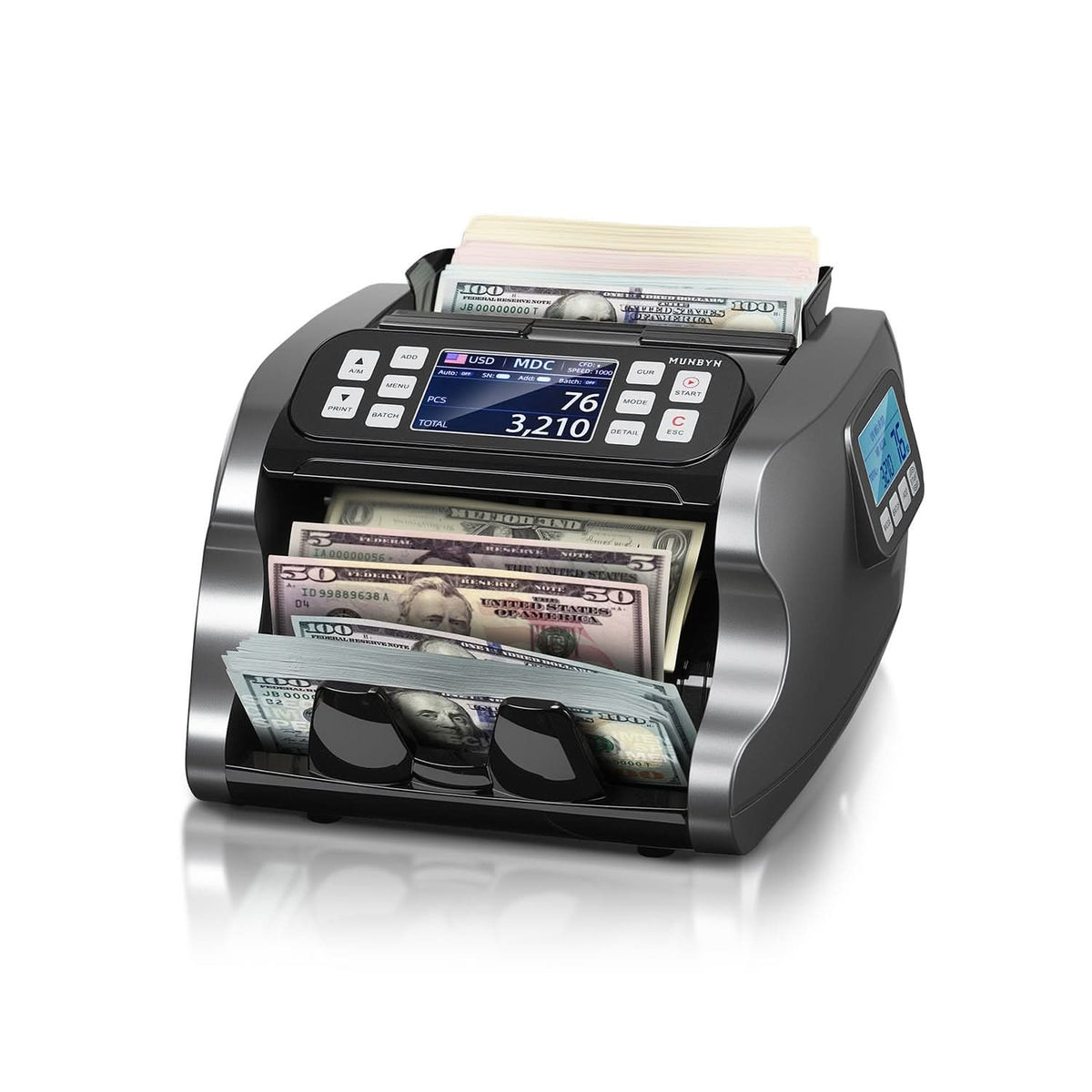 Black MUNBYN IMC22 money counter machine with digital display and compact design