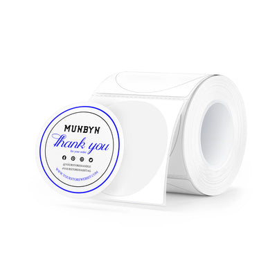 Two-inch dual color labels printed on MUNBYN label printer paper, showing vibrant black and blue label designs.