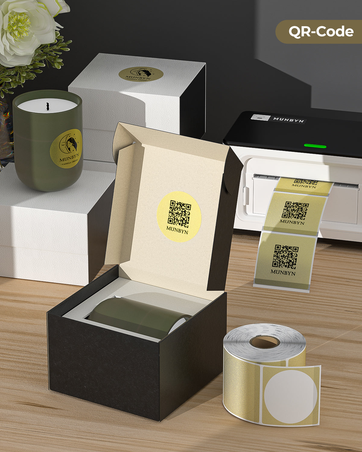 Gold glitter 2-inch labels printed on MUNBYN label printer paper, showcasing shiny, decorative gold label sheets.