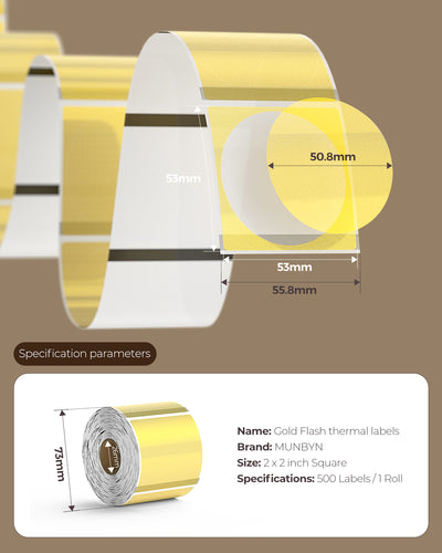 Gold glitter 2-inch labels printed on MUNBYN label printer paper, showcasing shiny gold label designs.