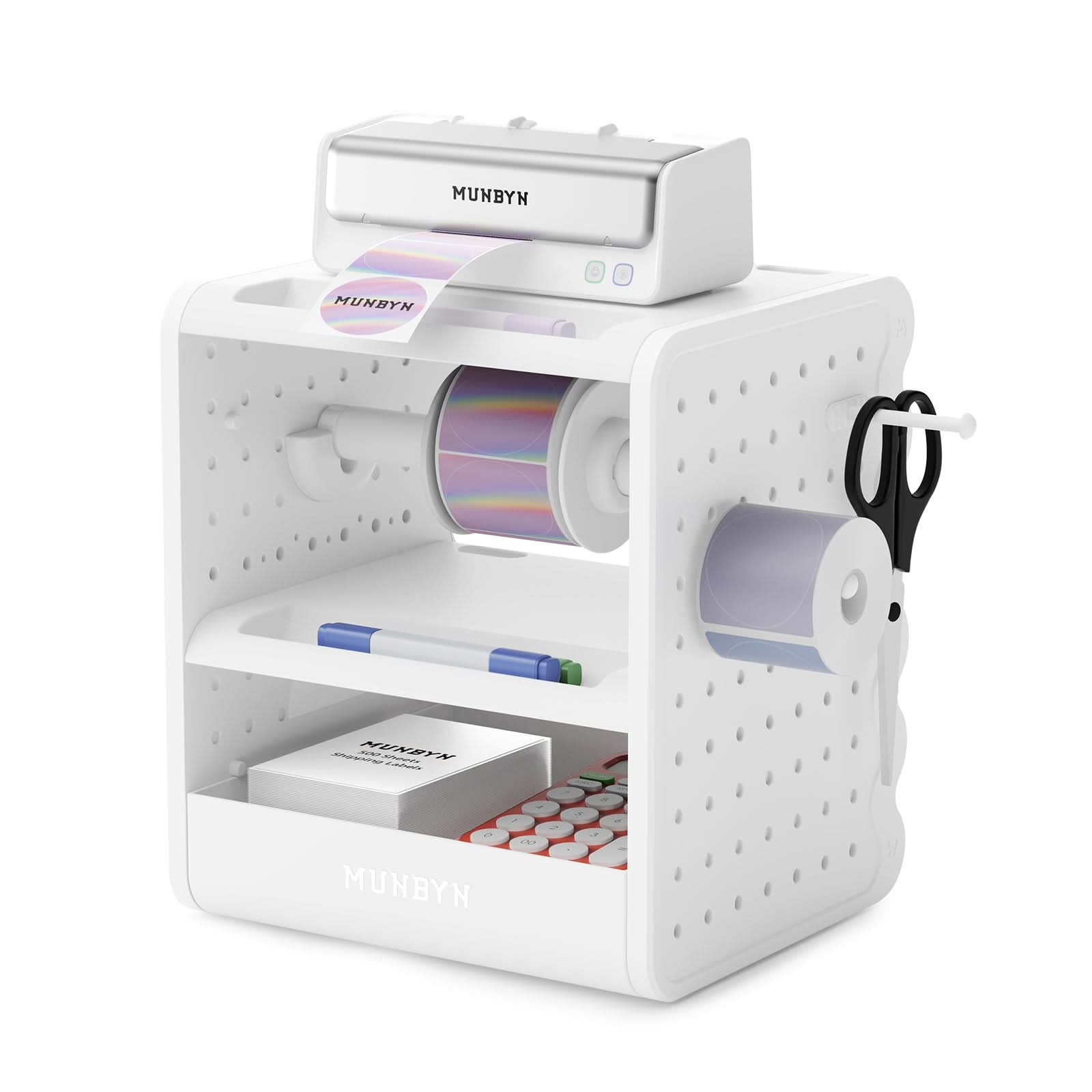 MUNBYN ILH03 label holder for label printer accessories, showing a close-up of the durable plastic holder with printed labels.