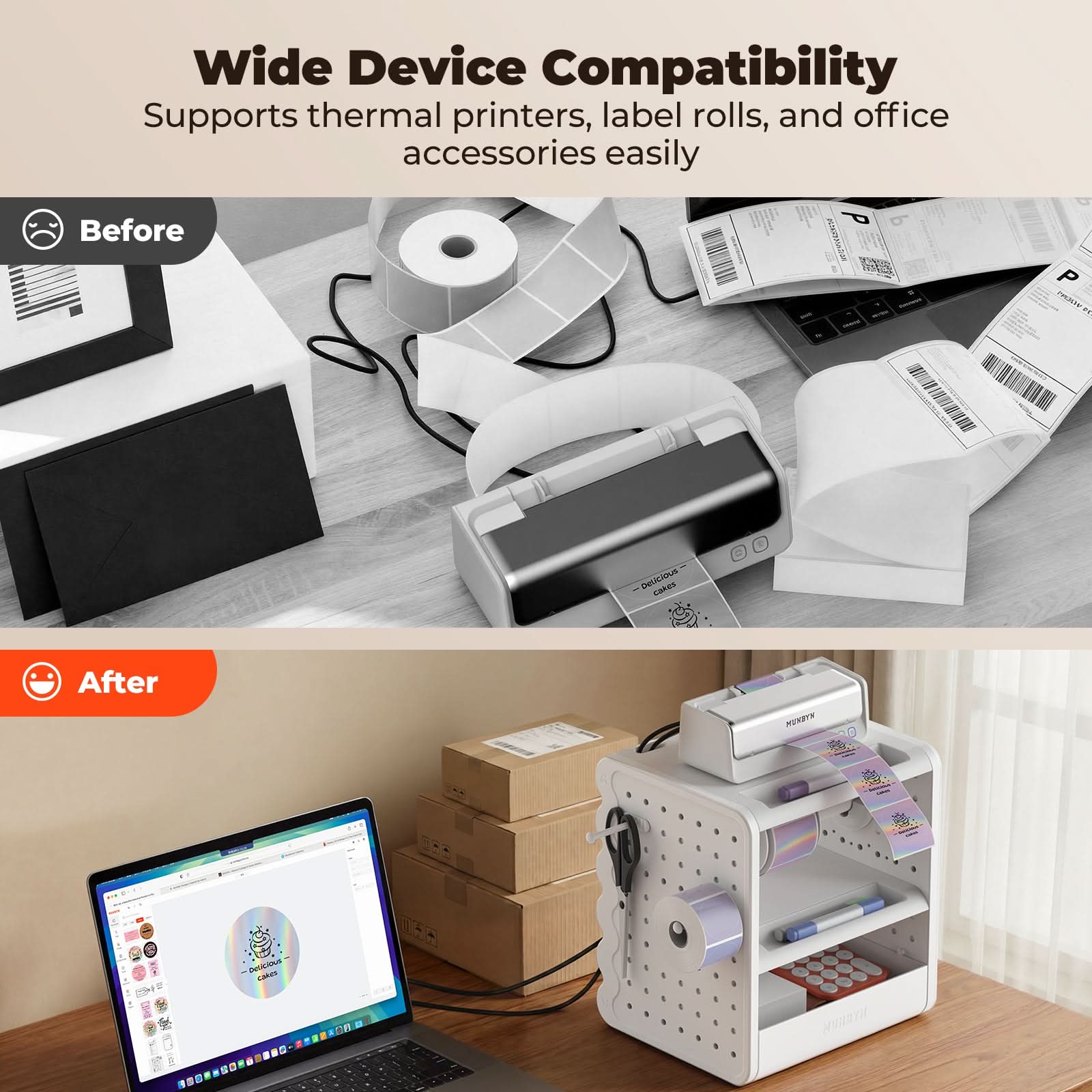 MUNBYN ILH03 label holder for label printer accessories, clear plastic holder with label printing setup on a white background.
