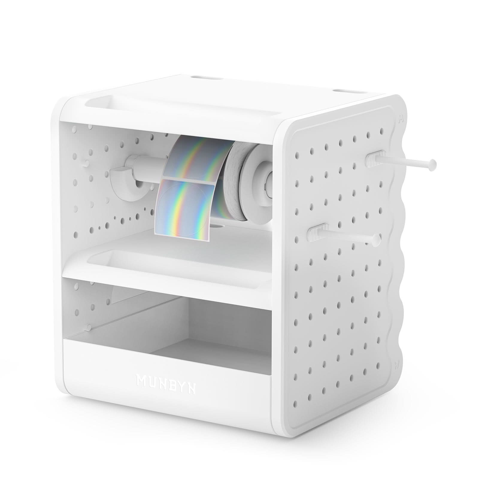 MUNBYN ILH03 label holder for label printer, showing a close-up of the accessory attached to the printer in a workspace setting.