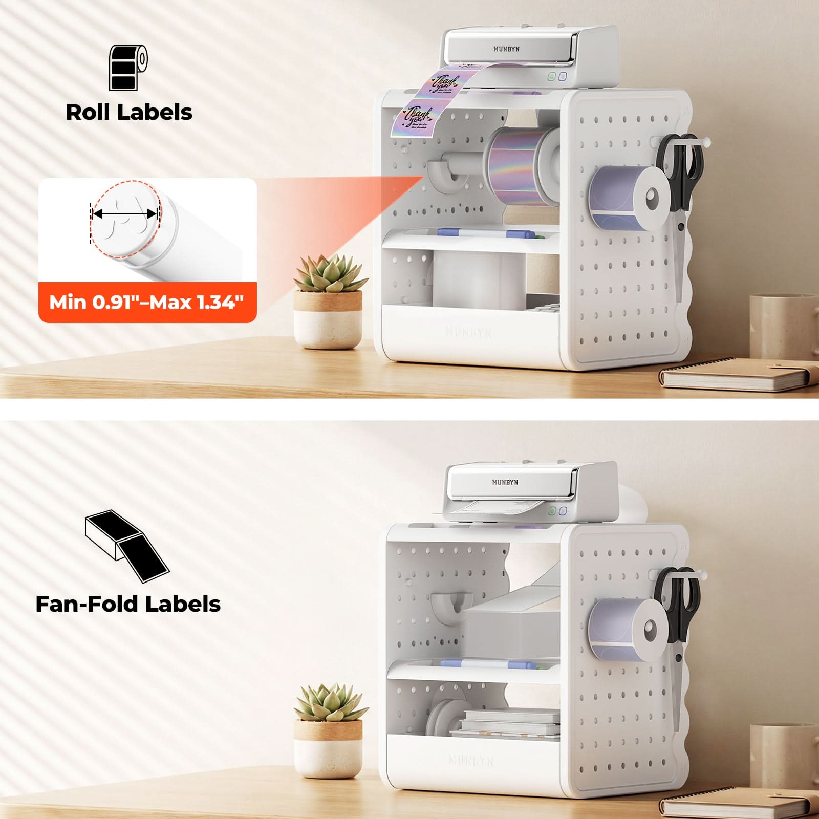 MUNBYN ILH03 label holder accessory for label printers, shown with printed labels and packaging on a white background.