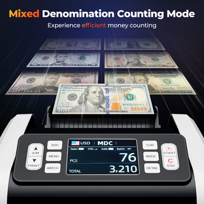 White MUNBYN IMC09 money counter machine displaying bills counting