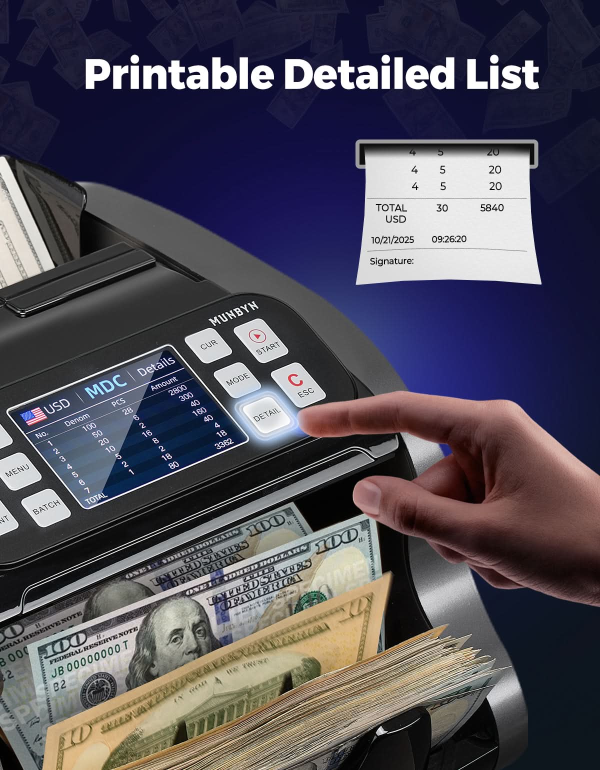 MUNBYN IMC22 money counter machine displaying bills being counted with digital screen and operational buttons.