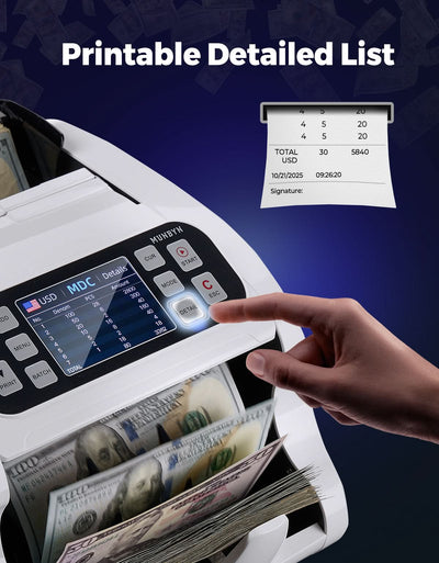 MUNBYN IMC22-WH money counter machine with digital display and cash counting features on a white background.