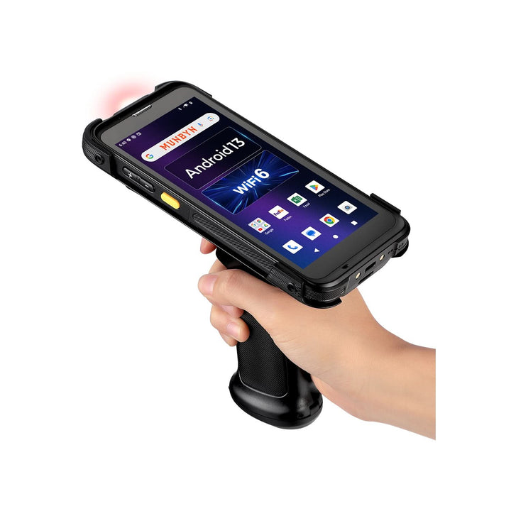 MUNBYN IPDA101P Android barcode scanner with 2D black design, capturing barcodes in a retail or warehouse setting.