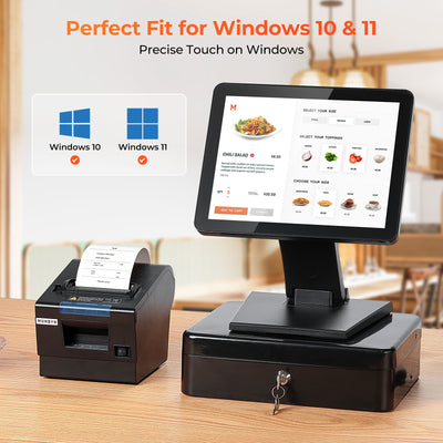 MUNBYN IPTS004 touchscreen POS monitor with sleek black display and adjustable stand for retail or restaurant use