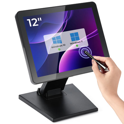 MUNBYN IPTS004 touchscreen POS monitor displaying a user interface on a sleek, modern monitor with a black frame.
