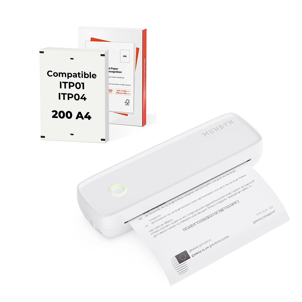 MUNBYN ITP04 Inkless A4 Portable Wireless Printer Kit - White