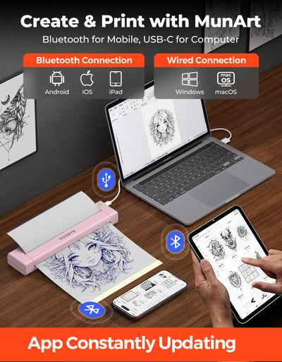 MUNBYN ITP05S Tattoo Stencil Bluetooth Thermal Printer with 20 Sheets Transfer Paper