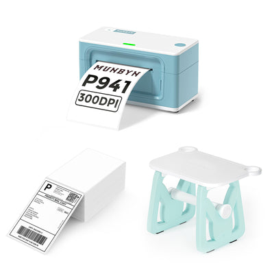 MUNBYN RealWriter 941BP thermal label printer kit with green labels and accessories for professional printing.