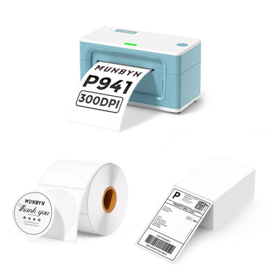 MUNBYN RealWriter 941BP thermal label printer kit with green labels and accessories for professional printing tasks
