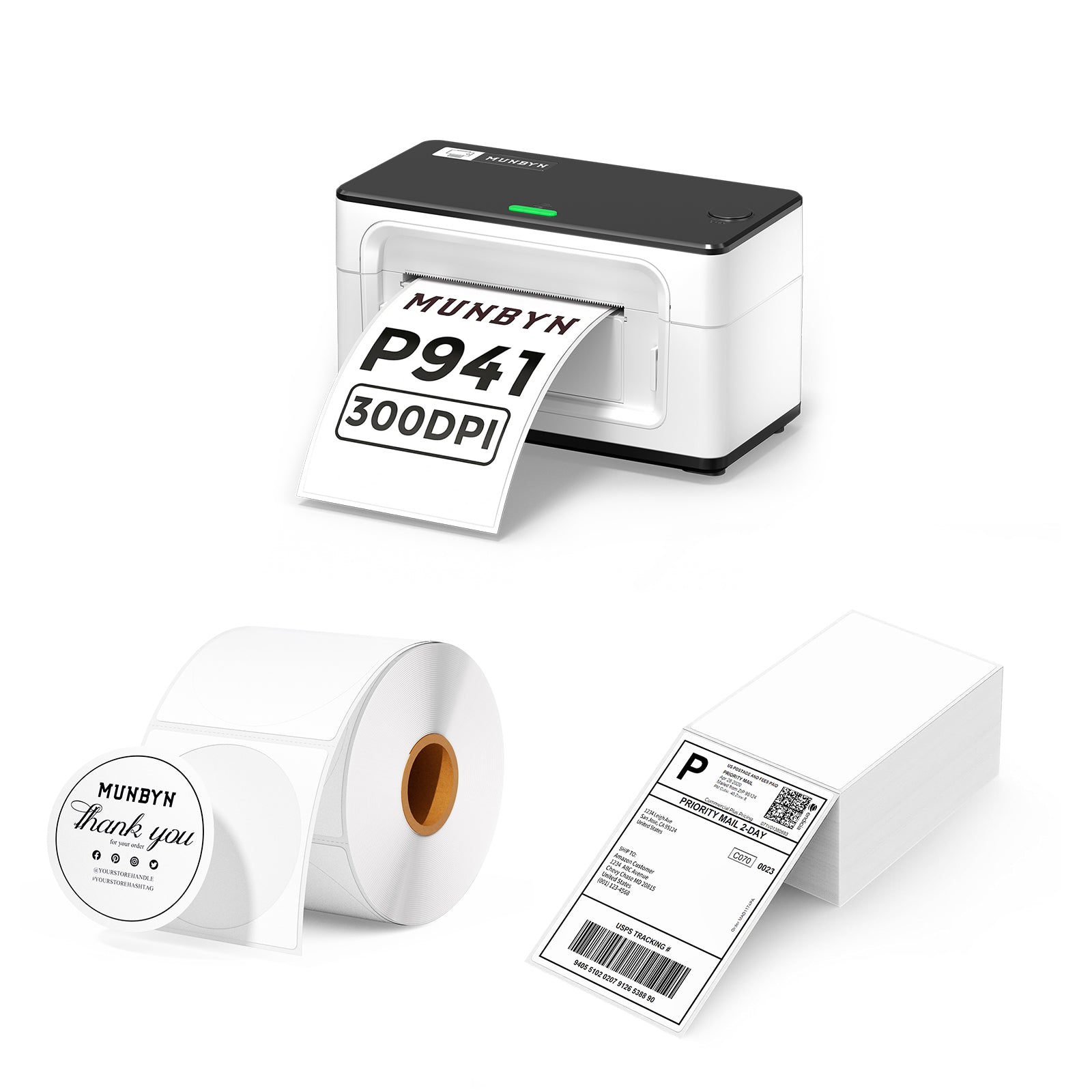 MUNBYN RealWriter 941BP thermal label printer kit with white body and accessories, ideal for professional label printing.