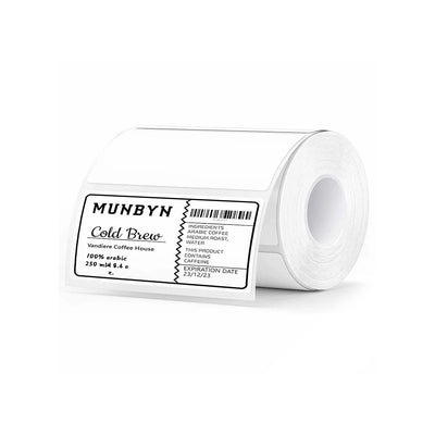 White 4x2 inch rectangle labels printed on MUNBYN label printer paper, ready for labeling and organization.
