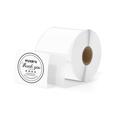 White 3x3 inch square labels printed on MUNBYN label printer paper, ready for labeling or organization.