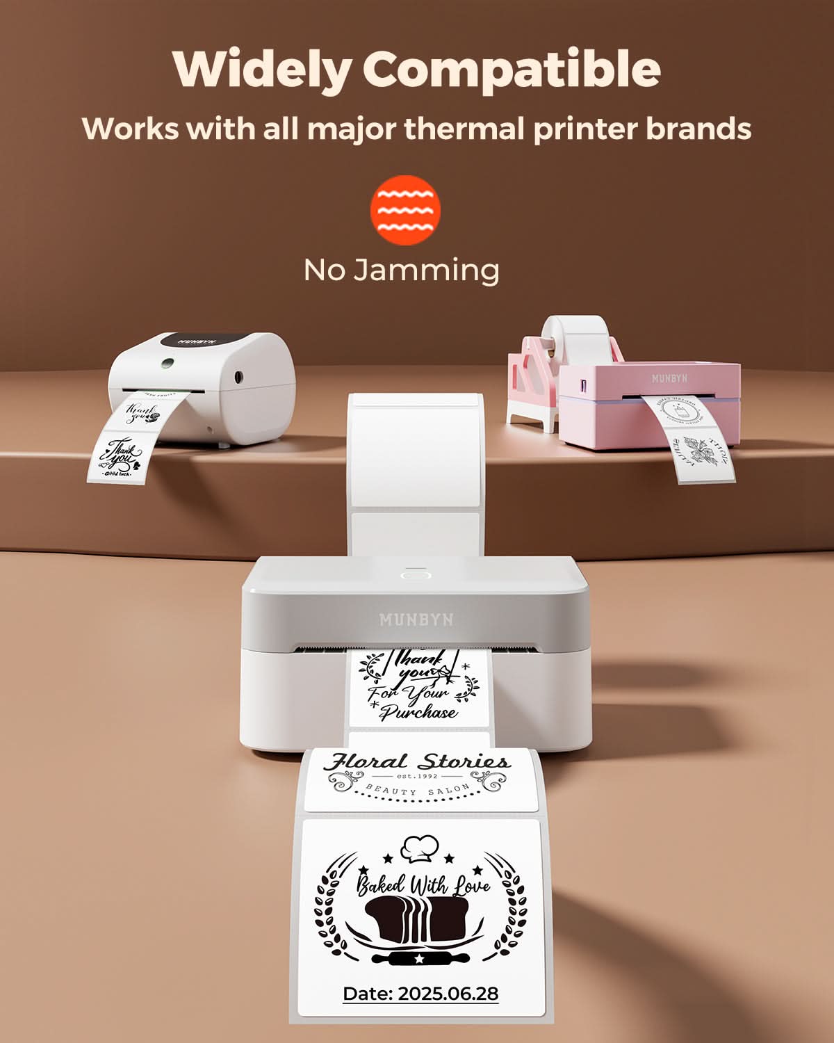 White 3x3 inch square labels printed on MUNBYN label printer paper, shown on a clean surface.