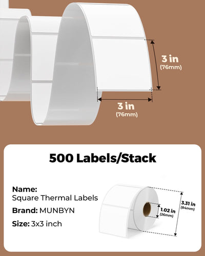 White 3x3 inch square labels printed on MUNBYN label printer paper, showing clean, crisp label design on smooth surface.