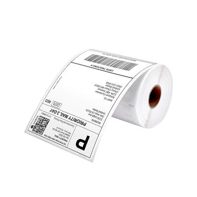 White 4x6 inch shipping roll labels printed on MUNBYN label printer paper, ready for shipping and mailing purposes.