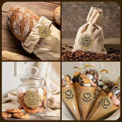 Round thermal labels for bakery, coffee, cookies, and chocolate gift packaging.