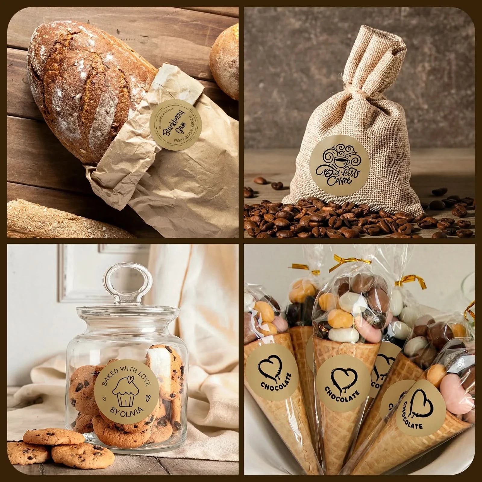 Round thermal labels for bakery, coffee, cookies, and chocolate gift packaging.